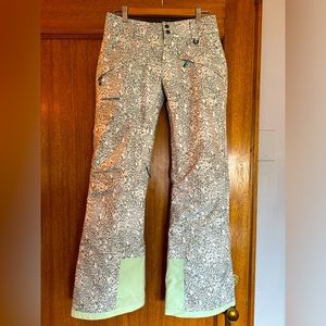 Patagonia snow pants, XS, grey and white patterned with turquoise details
